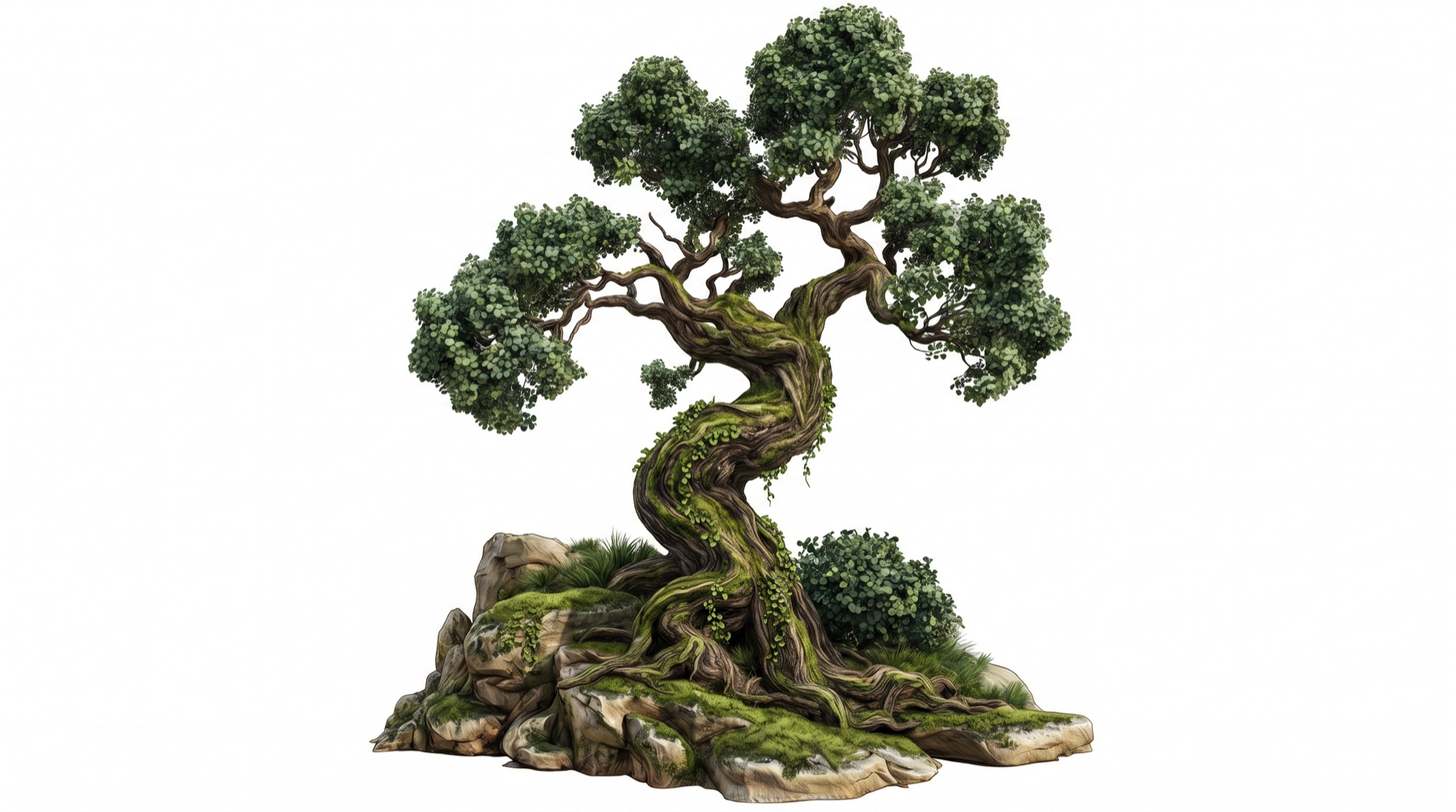 Illustration of a tree growing from mossy rocks